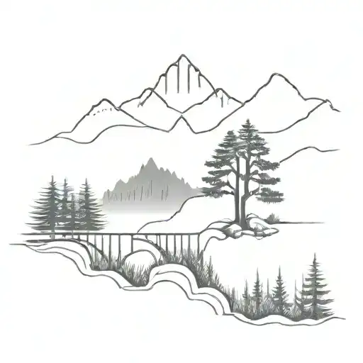 a vertical  bridge with mountains and a pinetree  tattoo design idea