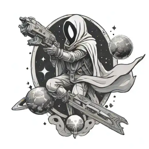 A black-grey tattoo of a ghost, a key companion in Destiny 2, floating amidst stars and planets tattoo design idea
