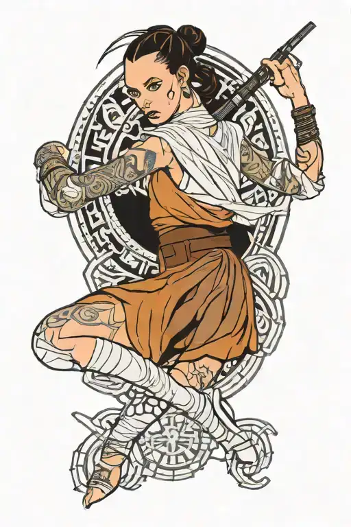 star wars slave  Rey outfit sheer clothes dancing rebel symbol in background tattoo design idea