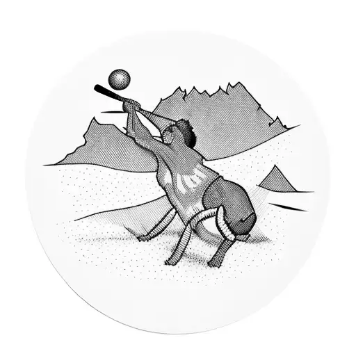 A mesmerizing blackwork design featuring a cricket player hitting a ball high up into the mountains tattoo design idea