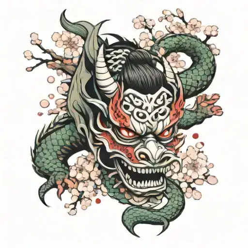 samuri mask surrounded by cherry blossom petals falling and a dragon wrapped around  tattoo design idea