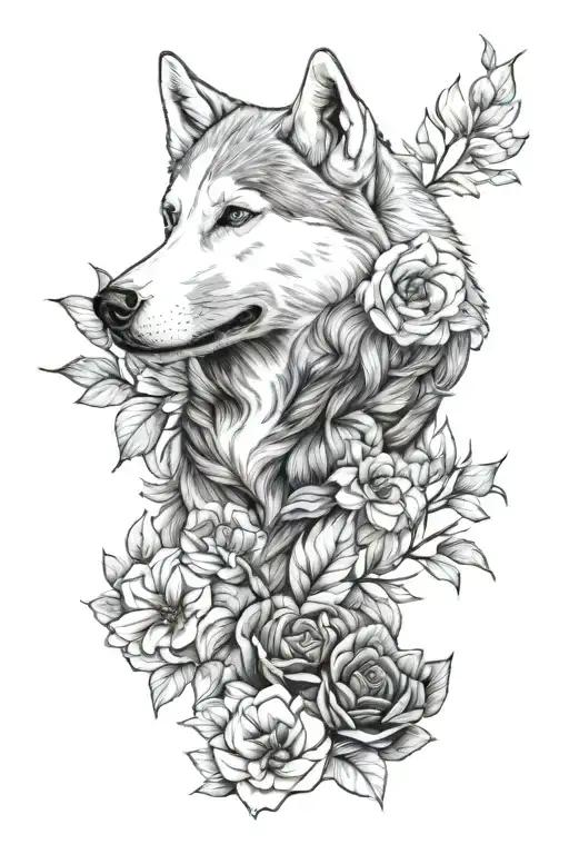 Flowers and Siberian Husky tattoo design idea