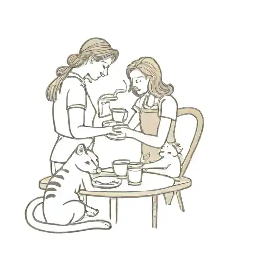 A waitress serving coffee to a group of cats on Orcas Island tattoo design idea