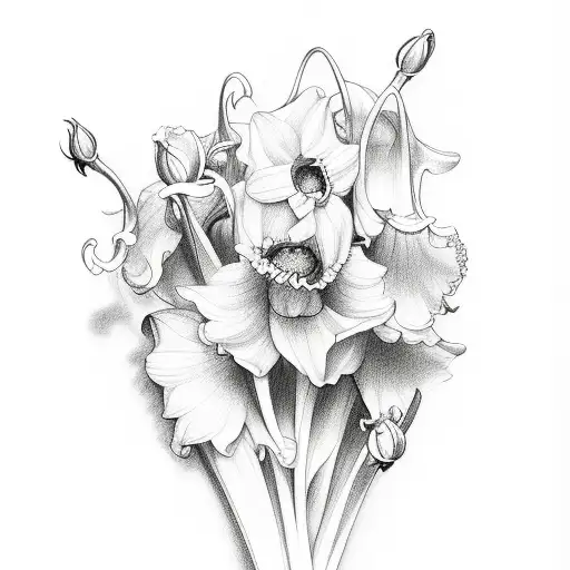 rose, daffodil, lily of the valley, cosmo, violet, chrysanthemum tattoo design idea