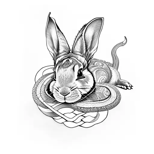 A tattoo design of a rabbit, dragon, and snake intertwined to represent balance and harmony tattoo design idea