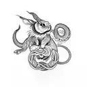 A tattoo design of a rabbit, dragon, and snake intertwined to represent balance and harmony tattoo design idea