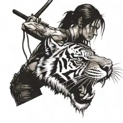 lara croft wounded and bleeding with a tiger as her alter ego tattoo design idea