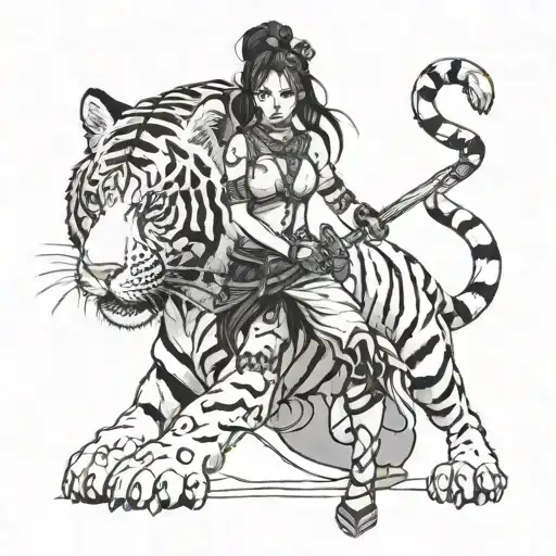 Warrior woman after an extreme battle, wounded and bleeding, but still alive. with a tiger as her alter ego tattoo design idea