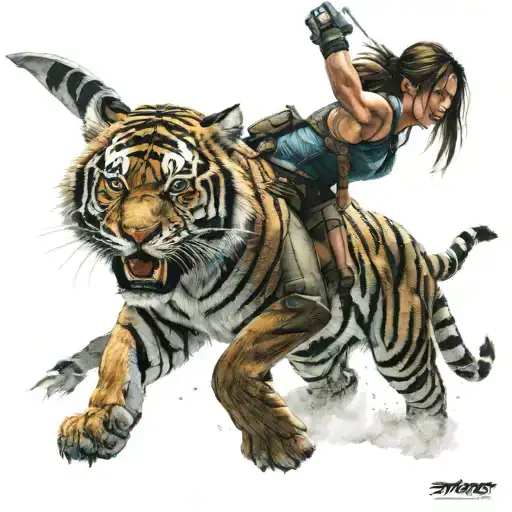 lara croft in battle with a tiger tattoo design idea