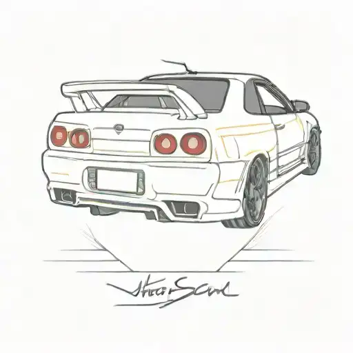 A minimalist tattoo of a white Nissan skyline r34 with neon lights in the background tattoo design idea