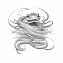 green snake with white fangs and eal like red stripes tattoo design idea