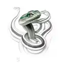green snake with white fangs and eal like red stripes tattoo design idea