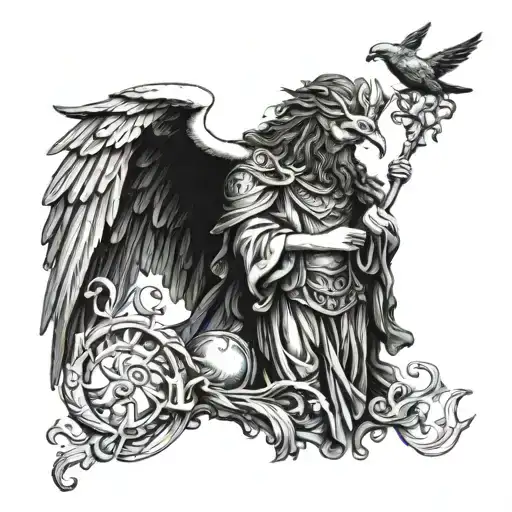 Statue greek Norse Odin ravens doves Medusa back tattoo  tattoo design idea
