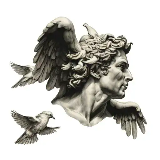 adonis statue with doves flying around him tattoo design idea