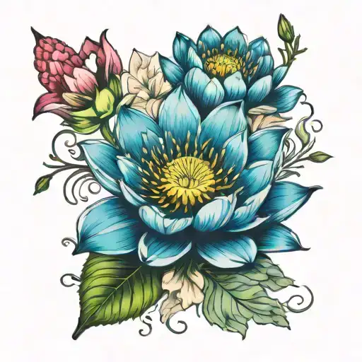 water lily, carnation, cosmos, and morning glory flowers connected tattoo design idea