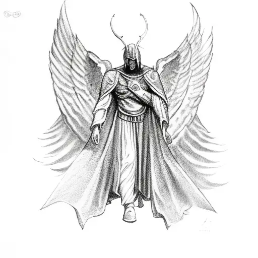 archangel azrael in a dark robe with wings out but pointed down, with the words FORTIS FORTUNA ADIUVAT written above him tattoo design idea