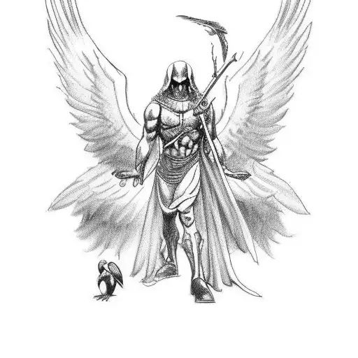A sketch-style tattoo of Archangel Azrael, with intricate details and shading, holding a crow in one hand and a Latin phrase in the other tattoo design idea