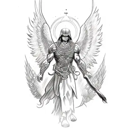 A sketch-style tattoo of Archangel Azrael, with intricate details and shading, holding a crow in one hand and a Latin phrase in the other tattoo design idea