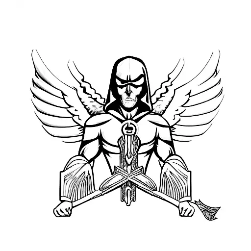 archangel azrael in a dark robe with wings out but pointed down, with the words FORTIS FORTUNA ADIUVAT written above him tattoo design idea