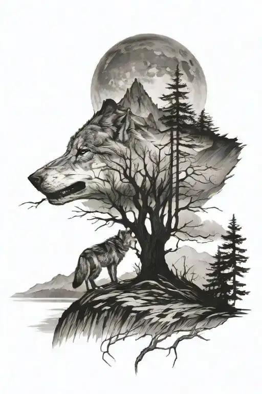 close up dead tree / mountain faded into background / wolf howling on a cliff tattoo design idea