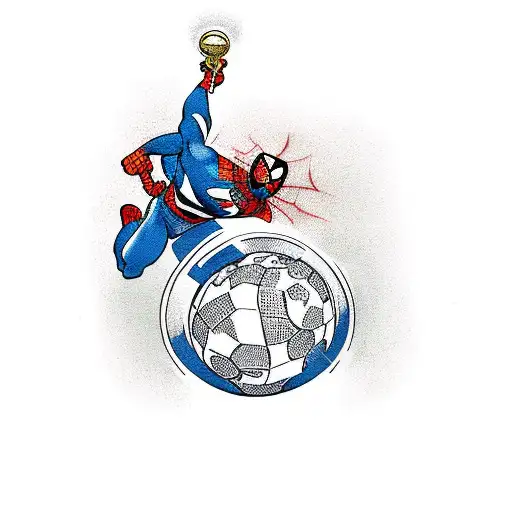A traditional tattoo of Julián Álvarez lifting the World Cup with Spiderman cheering beside tattoo design idea