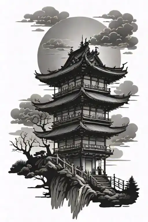 Japanese temple sun setting tattoo design idea