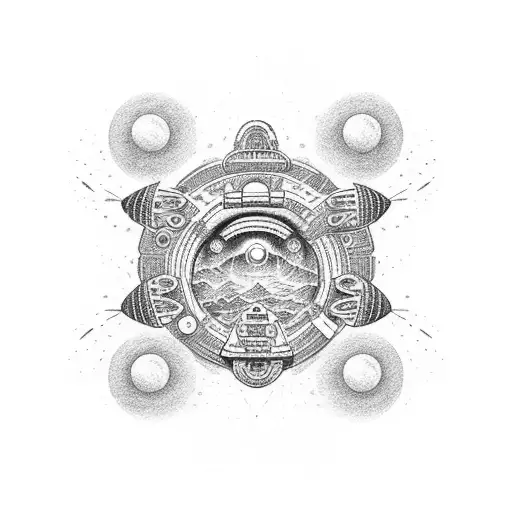 Dotwork depiction of a mesmerizing astronaut floating among celestial bodies tattoo design idea