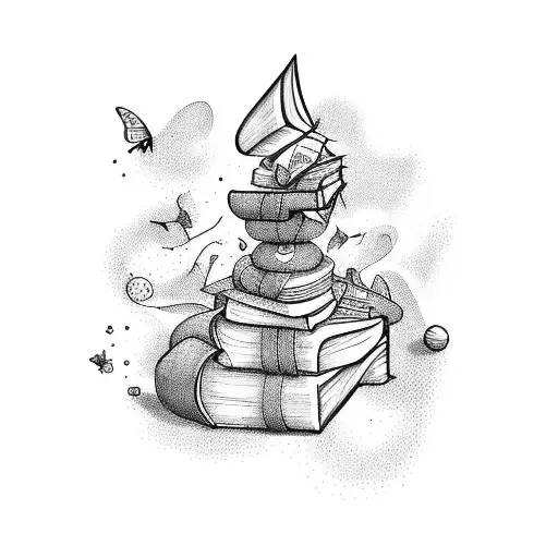 A whimsical illustration of a book magically transforming into a storyteller tattoo design idea