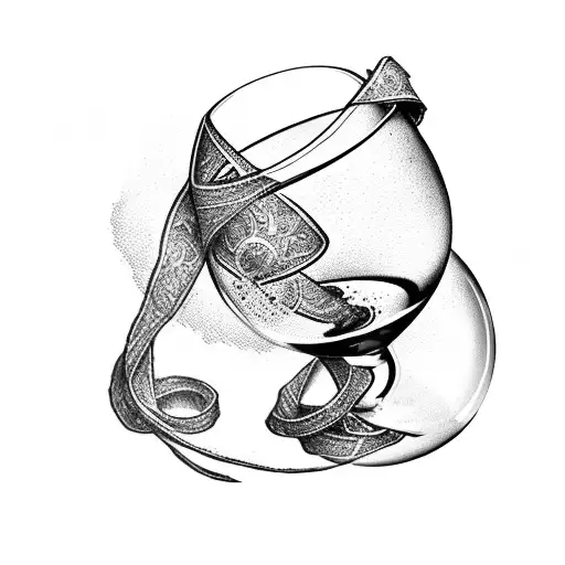 A silhouette of a wine glass being poured with a flowing ribbon representing a dancer's movement tattoo design idea