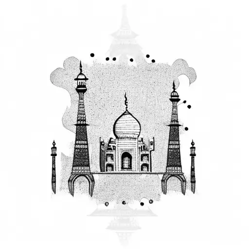 A blackwork tattoo showcasing iconic landmarks from different romantic destinations, like the Eiffel Tower and Taj Mahal tattoo design idea