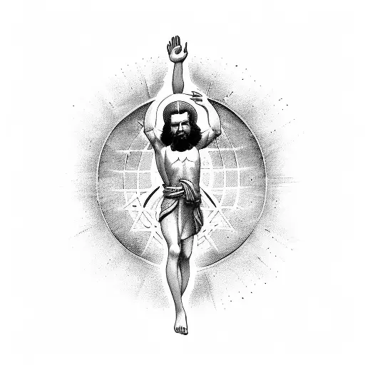 A mesmerizing scene of Jesus walking on water surrounded by symbols of faith tattoo design idea