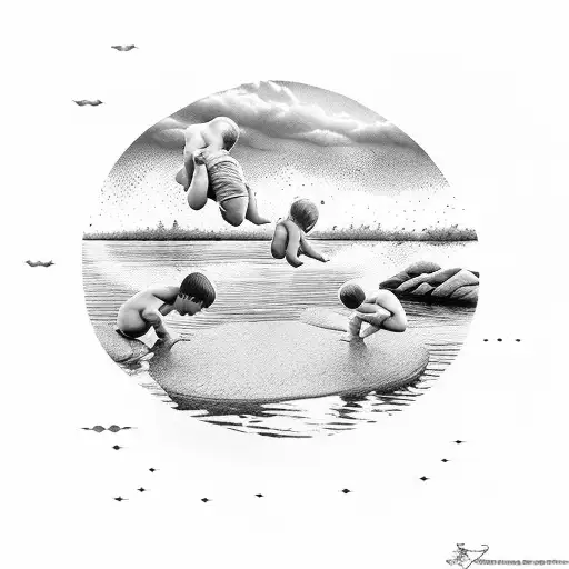 A serene lake scene with a pair of twins playfully splashing in the water tattoo design idea