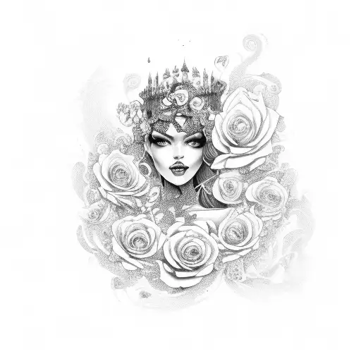 A seductive Latina goddess surrounded by swirling love letters and roses tattoo design idea