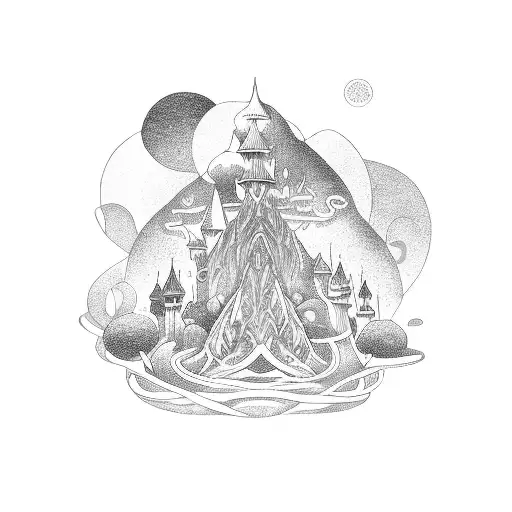 A mystical storybook with characters from favorite stories intertwined with massage symbols tattoo design idea