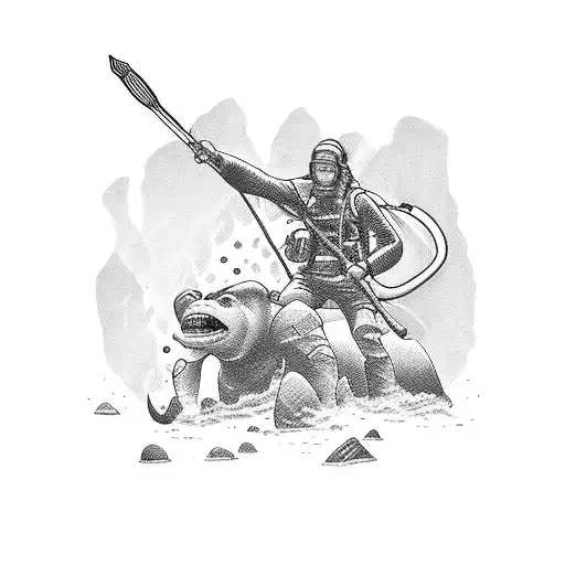 Snorkel guide leading a group of adventurers through a hidden island cave tattoo design idea