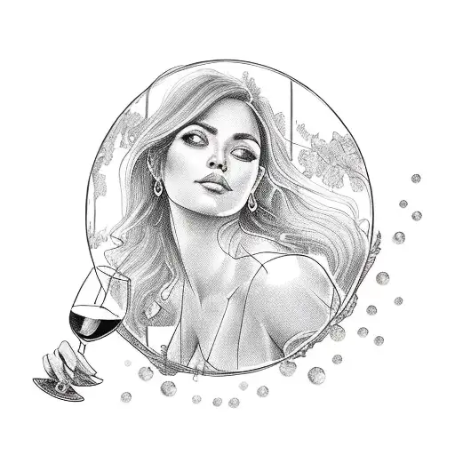 A Latina woman with long wavy hair holding a glass of wine, surrounded by grape vines tattoo design idea
