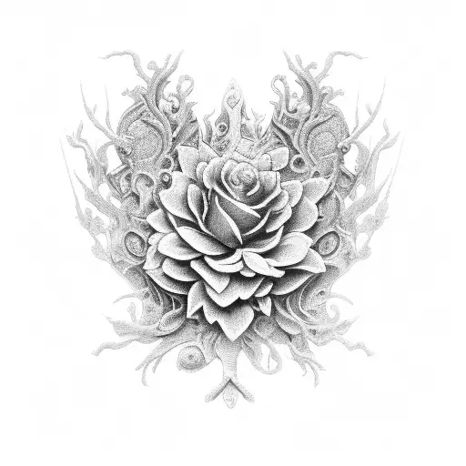An intricate black and grey tattoo of a construction tool, like a hammer or paintbrush, intertwined with delicate floral patterns. tattoo design idea