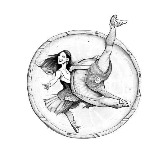 A dancer gracefully leaping over a wine barrel, with flowing hair and a glass of wine in hand tattoo design idea