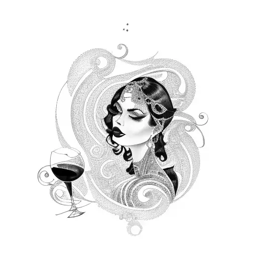 A seductive Latina woman holding a glass of red wine, surrounded by elegant swirls tattoo design idea