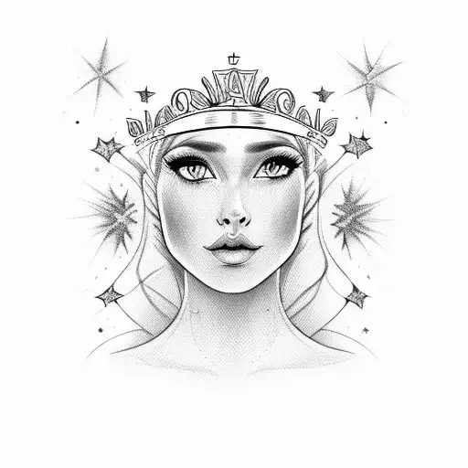 An elegant portrait of a Latina woman with flowing hair and a crown of stars tattoo design idea