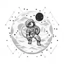 Dotwork depiction of a mesmerizing astronaut floating among celestial bodies tattoo design idea