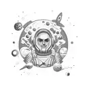 Dotwork depiction of a mesmerizing astronaut floating among celestial bodies tattoo design idea