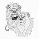 A lion and a Latina sharing a passionate kiss during a yoga session tattoo design idea