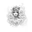 A seductive Latina goddess surrounded by swirling love letters and roses tattoo design idea