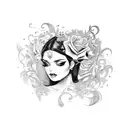 A seductive Latina goddess surrounded by swirling love letters and roses tattoo design idea