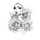 A seductive Latina goddess surrounded by swirling love letters and roses tattoo design idea