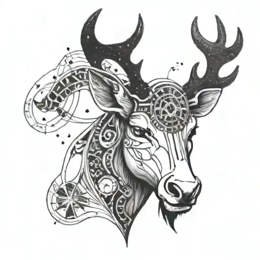 A reindeer with astrology symbols on its antlers, surrounded by mystical energy tattoo design idea