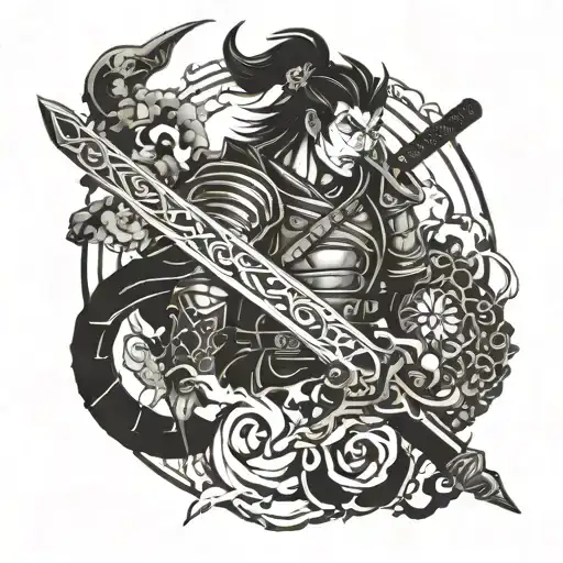 a Japanese-style sword wielded by a skilled warrior, surrounded by elements inspired by both the worlds of 'Demon Slayer tattoo design idea