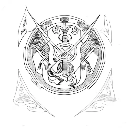 Athena's spear and shield intertwined with ancient scrolls tattoo design idea