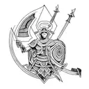 Athena's spear and shield intertwined with ancient scrolls tattoo design idea